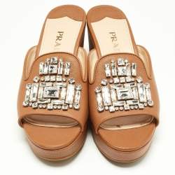Prada Tan Saffiano Leather Crystal Embellished Platform Wedge Sandals Size 37