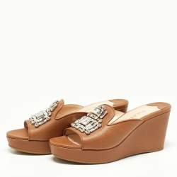Prada Tan Saffiano Leather Crystal Embellished Platform Wedge Sandals Size 37