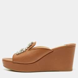 Prada Tan Saffiano Leather Crystal Embellished Platform Wedge Sandals Size 37