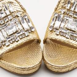 Pre Owned Prada Gold Embossed Snakeskin Crystal Embellished Wedge Sandals Size 37.5