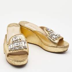 Pre Owned Prada Gold Embossed Snakeskin Crystal Embellished Wedge Sandals Size 37.5