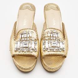 Pre Owned Prada Gold Embossed Snakeskin Crystal Embellished Wedge Sandals Size 37.5