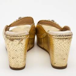 Pre Owned Prada Gold Embossed Snakeskin Crystal Embellished Wedge Sandals Size 37.5