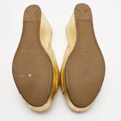 Pre Owned Prada Gold Embossed Snakeskin Crystal Embellished Wedge Sandals Size 37.5