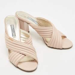 مملوكة مسبقًا Prada Beige Leather Crisscross Slide Sandals Size 38