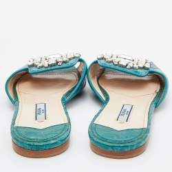 Prada Teal Crocodile Crystal Embellished Flat Slides Size 37 