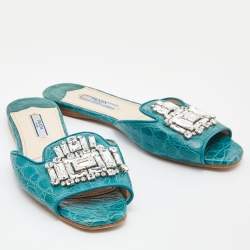 Prada Teal Crocodile Crystal Embellished Flat Slides Size 37 