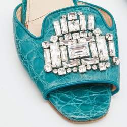 Prada Teal Crocodile Crystal Embellished Flat Slides Size 37 
