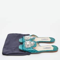 Prada Teal Crocodile Crystal Embellished Flat Slides Size 37 