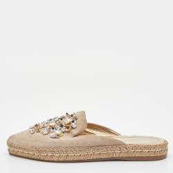 Prada Beige Suede Crystal Embellished Pointed Toe Espadrille Mules Size 38
