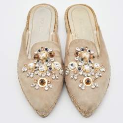 Prada Beige Suede Crystal Embellished Pointed Toe Espadrille Mules Size 38