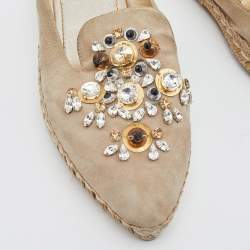 Prada Beige Suede Crystal Embellished Pointed Toe Espadrille Mules Size 38