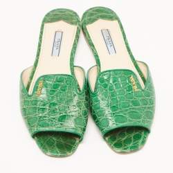 Prada Green Crocodile Leather Flat Slides Size 37