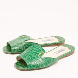 Prada Green Crocodile Leather Flat Slides Size 37