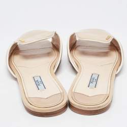 Prada Beige Saffiano Patent Leather Flat Slides Size 39