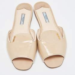 Prada Beige Saffiano Patent Leather Flat Slides Size 39