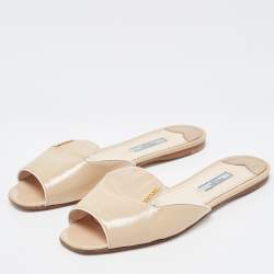 Prada Beige Saffiano Patent Leather Flat Slides Size 39