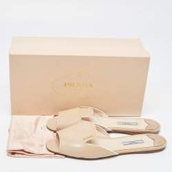Prada Beige Saffiano Patent Leather Flat Slides Size 39