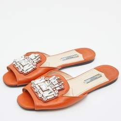 Prada Orange Patent Leather Crystal Embellished Flat Slides Size 38