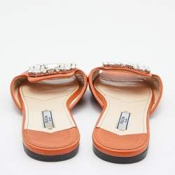 Prada Orange Patent Leather Crystal Embellished Flat Slides Size 38