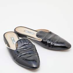  Prada Black Patent Leather Flat Mules Size 39