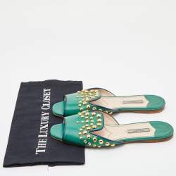 Pre Owned Prada Green Patent Leather Studded Flat Slides Size 38