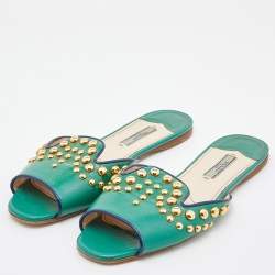 Pre Owned Prada Green Patent Leather Studded Flat Slides Size 38