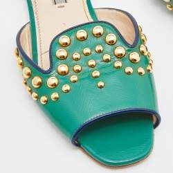 Pre Owned Prada Green Patent Leather Studded Flat Slides Size 38