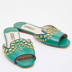 Pre Owned Prada Green Patent Leather Studded Flat Slides Size 38