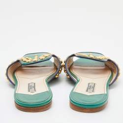 Pre Owned Prada Green Patent Leather Studded Flat Slides Size 38
