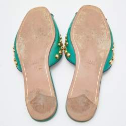 Pre Owned Prada Green Patent Leather Studded Flat Slides Size 38