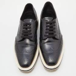 Pre Owned Prada Black Brogue Leather Wingtip Platform Derby Sneakers Size 37