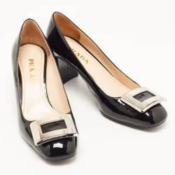 Prada Black Patent Leather Buckle Square Toe Pumps Size 37.5