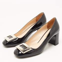 Prada Black Patent Leather Buckle Square Toe Pumps Size 37.5