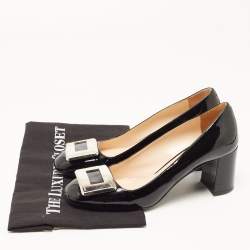 Prada Black Patent Leather Buckle Square Toe Pumps Size 37.5