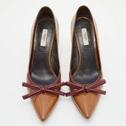 Prada Brown/Red Patent Leather Bow Pointed Pumps Size 39.5
