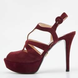 Prada Burgundy Suede Peep Toe Slingback Platform Sandals Size 39