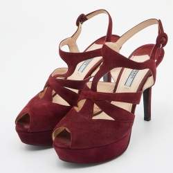 Prada Burgundy Suede Peep Toe Slingback Platform Sandals Size 39