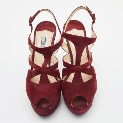 Prada Burgundy Suede Peep Toe Slingback Platform Sandals Size 39