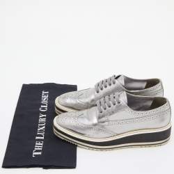 Prada Silver Brogue Leather Derby Espadrille Sneakers Size 37