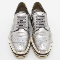 Prada Silver Brogue Leather Derby Espadrille Sneakers Size 37