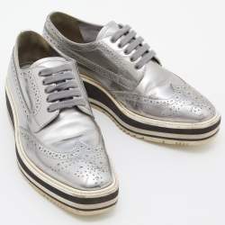 Prada Silver Brogue Leather Derby Espadrille Sneakers Size 37