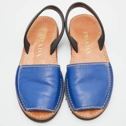 Pre Owned Prada Blue/Black Leather Slingback Flat Slides Size 38