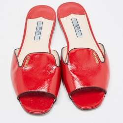 Prada Red Vernice Saffiano Leather Flat Slides Size 36.5