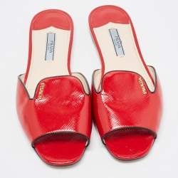 Prada Red Vernice Saffiano Leather Flat Slides Size 36.5