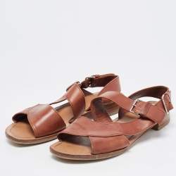 Prada Brown Leather Flat Strappy Sandals Size 38.5