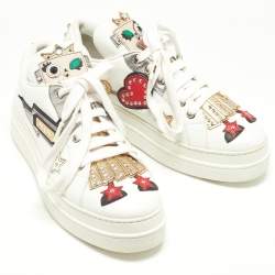 مملوكة مسبقًا Prada White Leather Robot Queen Patchwork Low Top Sneakers Size 38