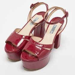 Prada Burgundy Patent Leather Ankle Strap Platform Sandals Size 39.5