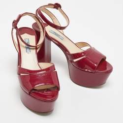 Prada Burgundy Patent Leather Ankle Strap Platform Sandals Size 39.5