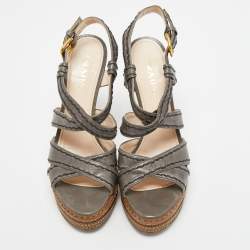 Prada Grey Leather  Platform Ankle Strap Sandals Size 38.5